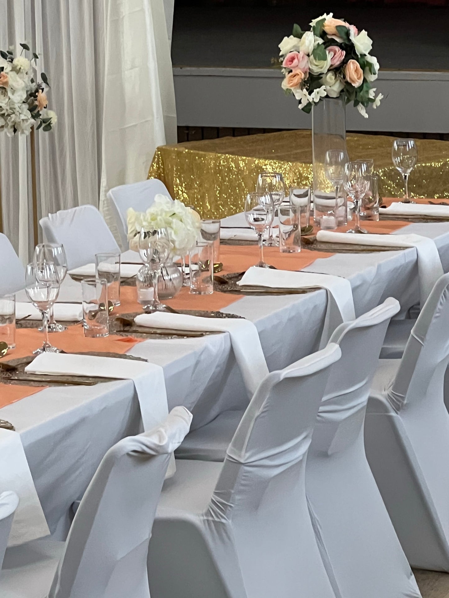 Peach satin table runner hire